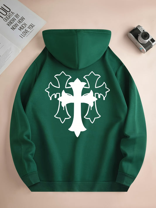 Cross Print Men's Simple Style Pullover Hoodies With Kangaroo Pocket Long Sleeve Hooded Sweatshirt Loose Casual Top For Autumn Winter Men's Clothing As Gifts