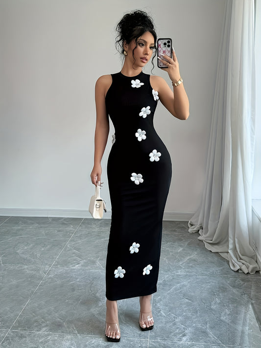 Elegant Sleeveless Bodycon Dress with Floral Accents, Polyester 97% Elastane 3%, Crew Neck, Solid Color, Summer Knit Fabric for Adults