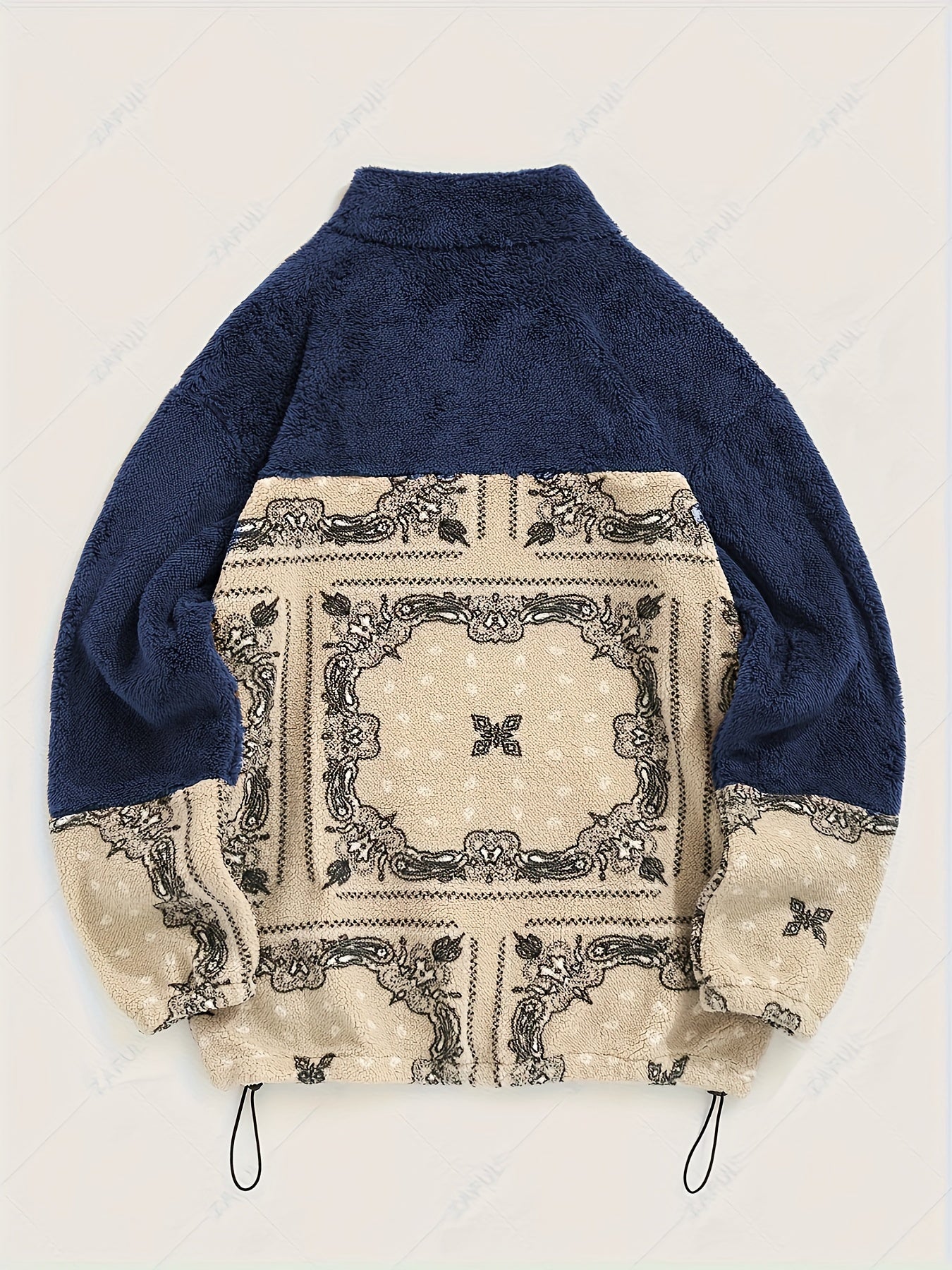 Men's Casual Paisley Pattern Stand Collar Jacket, 100% Polyester Knit Fabric with Medium Stretch, Loose Fit Zip-Up with Drawstring Hem, Long Sleeve Streetwear for Daily Commute and Winter Outings, Casual Winter Jacket|Trendy