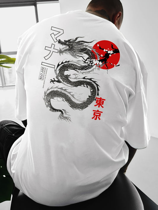 Men's Tokyo Black Dragon Large Print Loose Shoulder Short Sleeve T-shirt