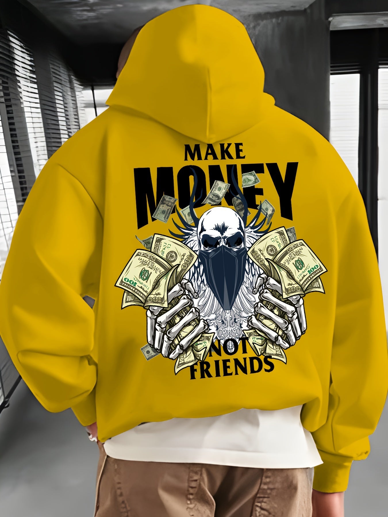 MAKE MONEY NOT FRIENDS Print Kangaroo Pocket Hoodie, Casual Long Sleeve Hoodies Pullover Sweatshirt, Men's Clothing, For Fall Winter