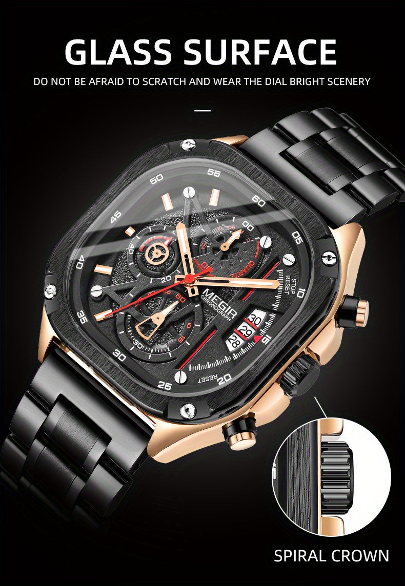 MEGIR Black Quartz Watch Men Square Dial Wristwatch with Chronograph Stainless Steel Strap Luminous Hands Auto Date
