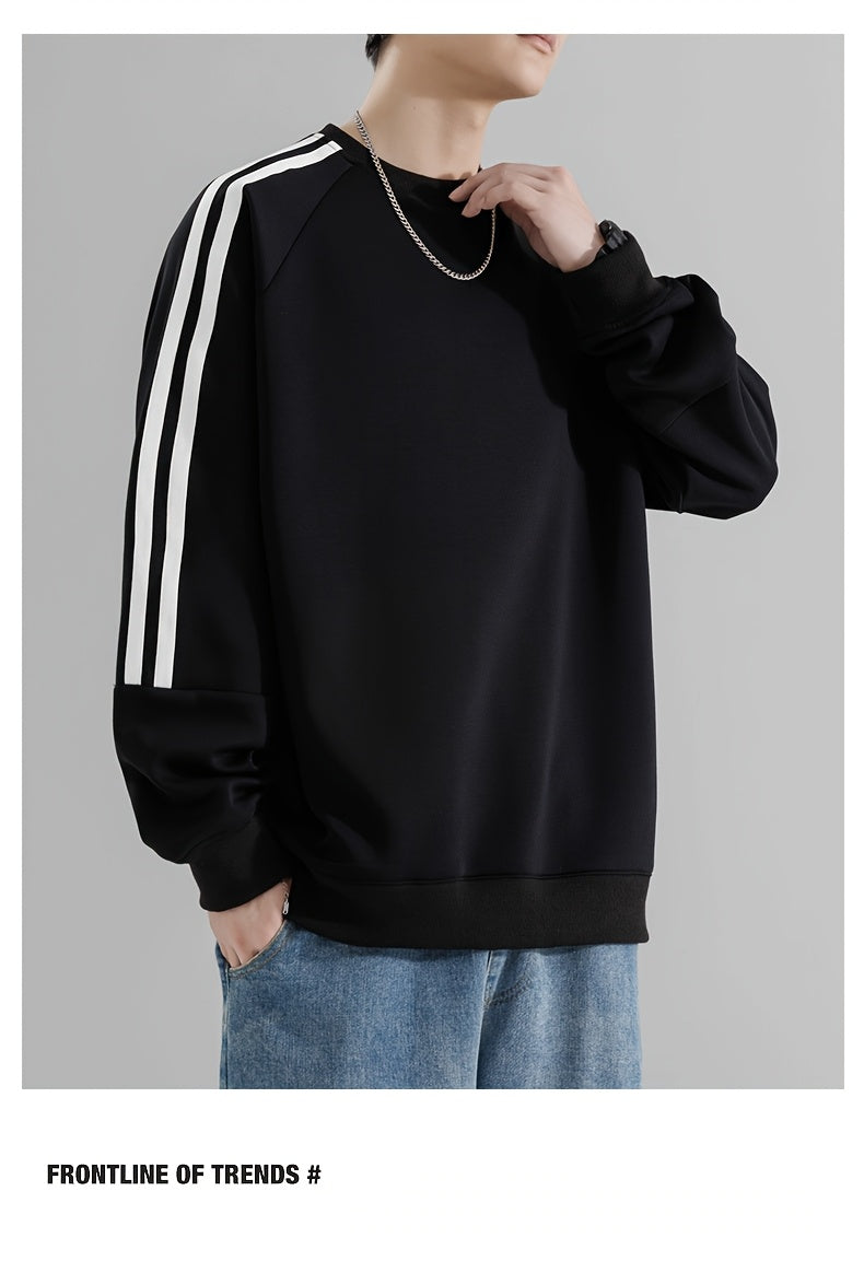 Men'S Casual Crew Neck Hoodie, 100% Polyester Knit Fabric, Solid Color with Side Stripes, Regular Fit, Non-Stretch, 250g/m² - Comfortable and Stylish for Street and Outdoor Activities