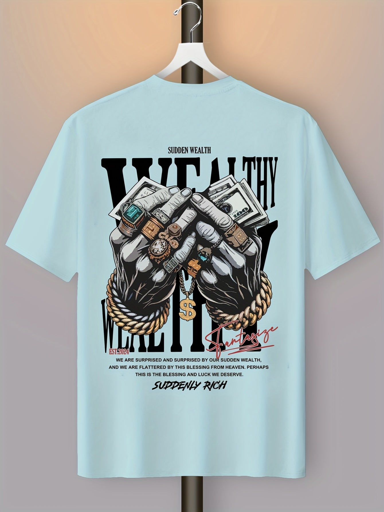 Men's Casual Graphic Tee with Unique Hand Jewelry Design - Soft Polyester Blend, Stretch Fit, Machine Washable - Perfect for Summer Outings