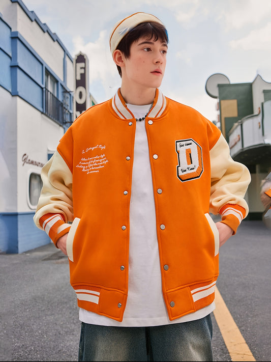 Men's Color Matching D Graphic Print Striped Baseball Jacket With Pockets, Casual Stand Collar Cotton Blend Button Up Long Sleeve Varsity Jacket For Outdoor
