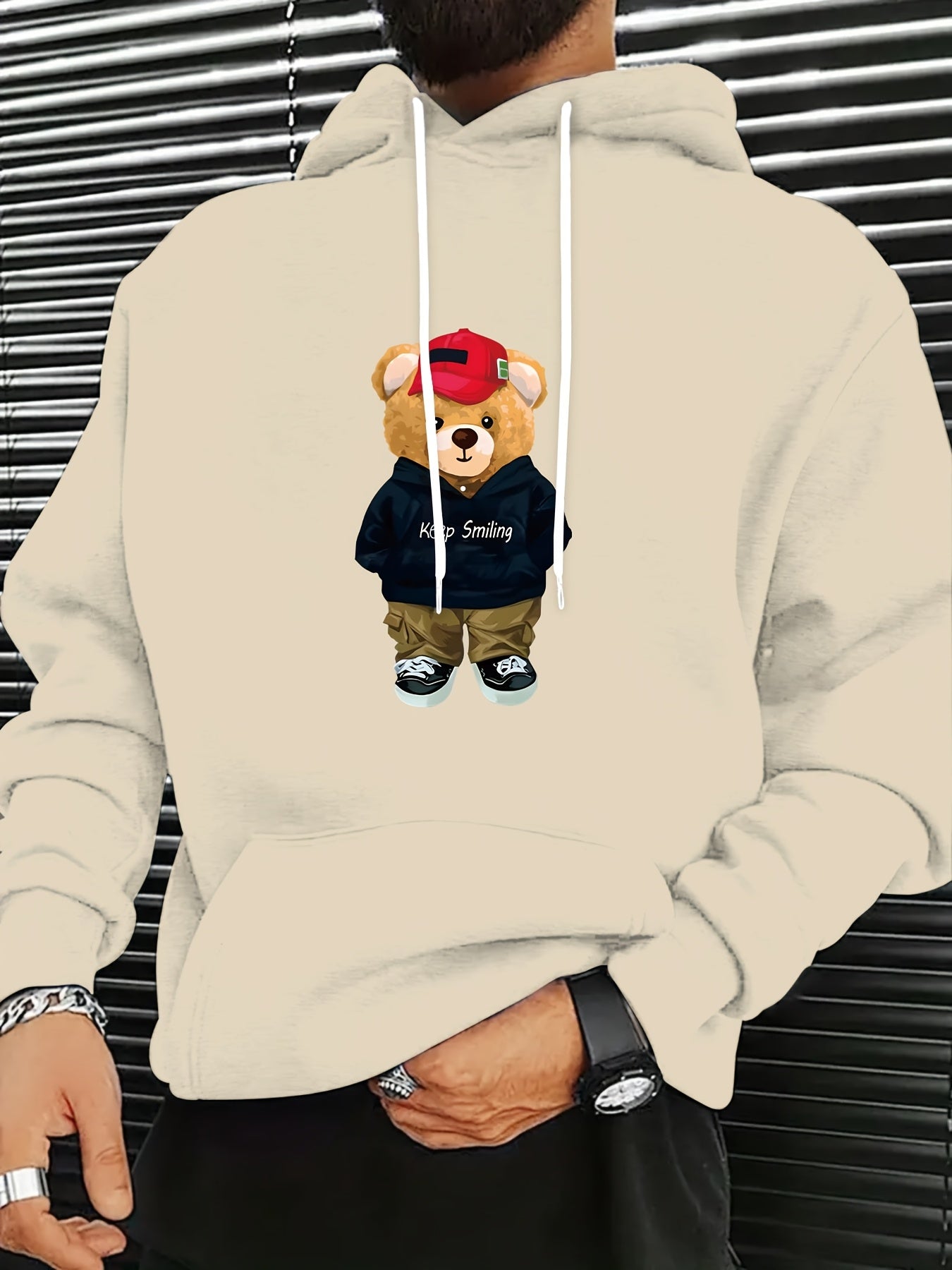 MBDMBD Unisex Trendy Bear Graphic Hoodie, Casual Polyester Knit Fabric with Slight Stretch, Loose Fit, Hooded Pullover Sweatshirt for Fall/Winter