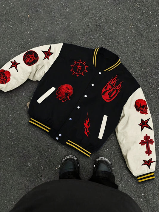 Men's Casual Baseball Jacket with Skull & Flame Design - Lightweight, Polyester, Button-Up Outerwear for Spring/Fall, School & Sports Style, Loose, Outdoor Sports, College Style, Movement Style, Leisure Style, Leisure Outing