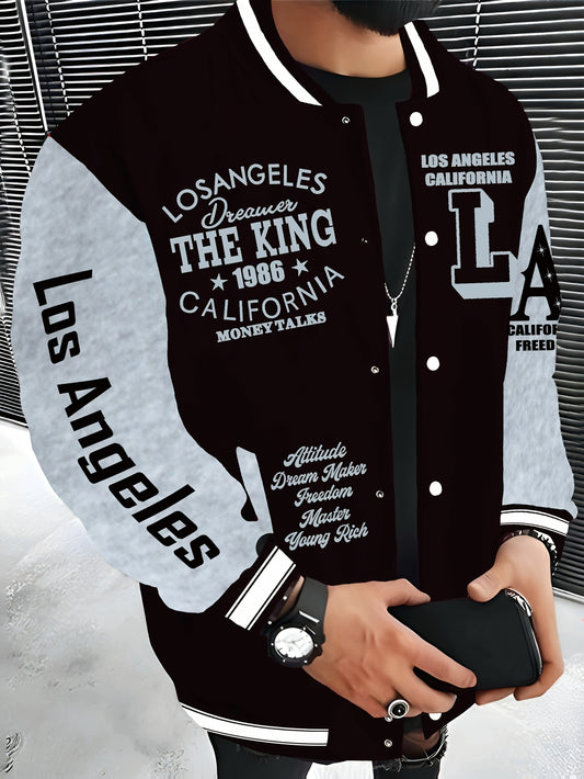 Los Angeles-Inspired Men's Fleece-Lined Varsity Jacket - Casual & Warm Baseball Coat with Pockets, Perfect for Fall/Winter