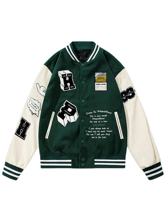 Fabric Stitch Varsity Jacket, Men's Casual Color Block Button Up Jacket For Spring Fall School Baseball
