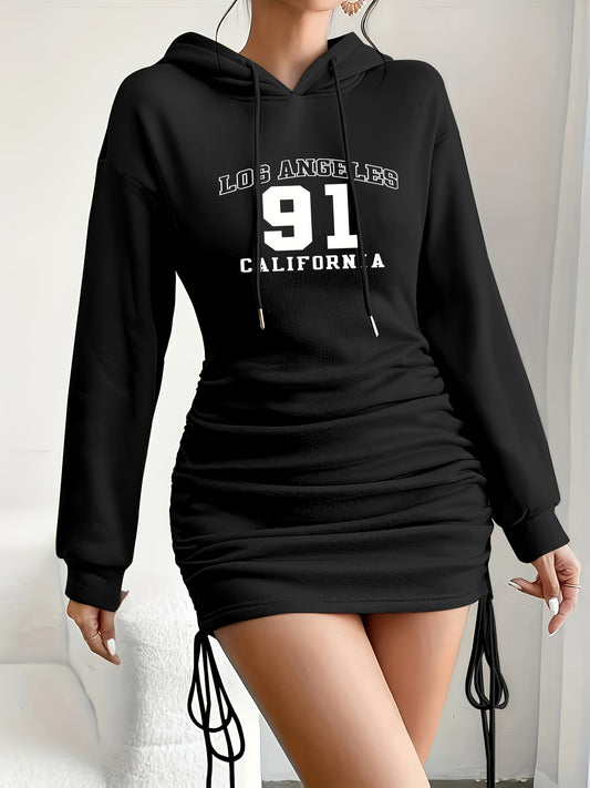 Palm Tree & Letter Hooded Dress, Casual Drawstring Ruched Bodycon Dress For Fall & Winter, Women's Clothing