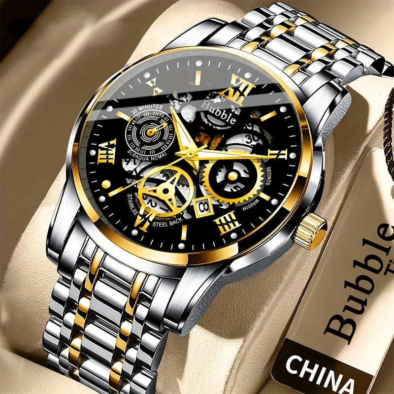 Stylish Men's Skeleton Watch with Calendar - Business Fashion, Quartz Movement, Alloy Band