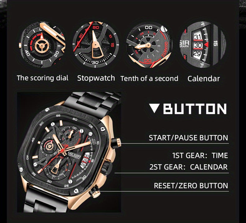 MEGIR Black Quartz Watch Men Square Dial Wristwatch with Chronograph Stainless Steel Strap Luminous Hands Auto Date