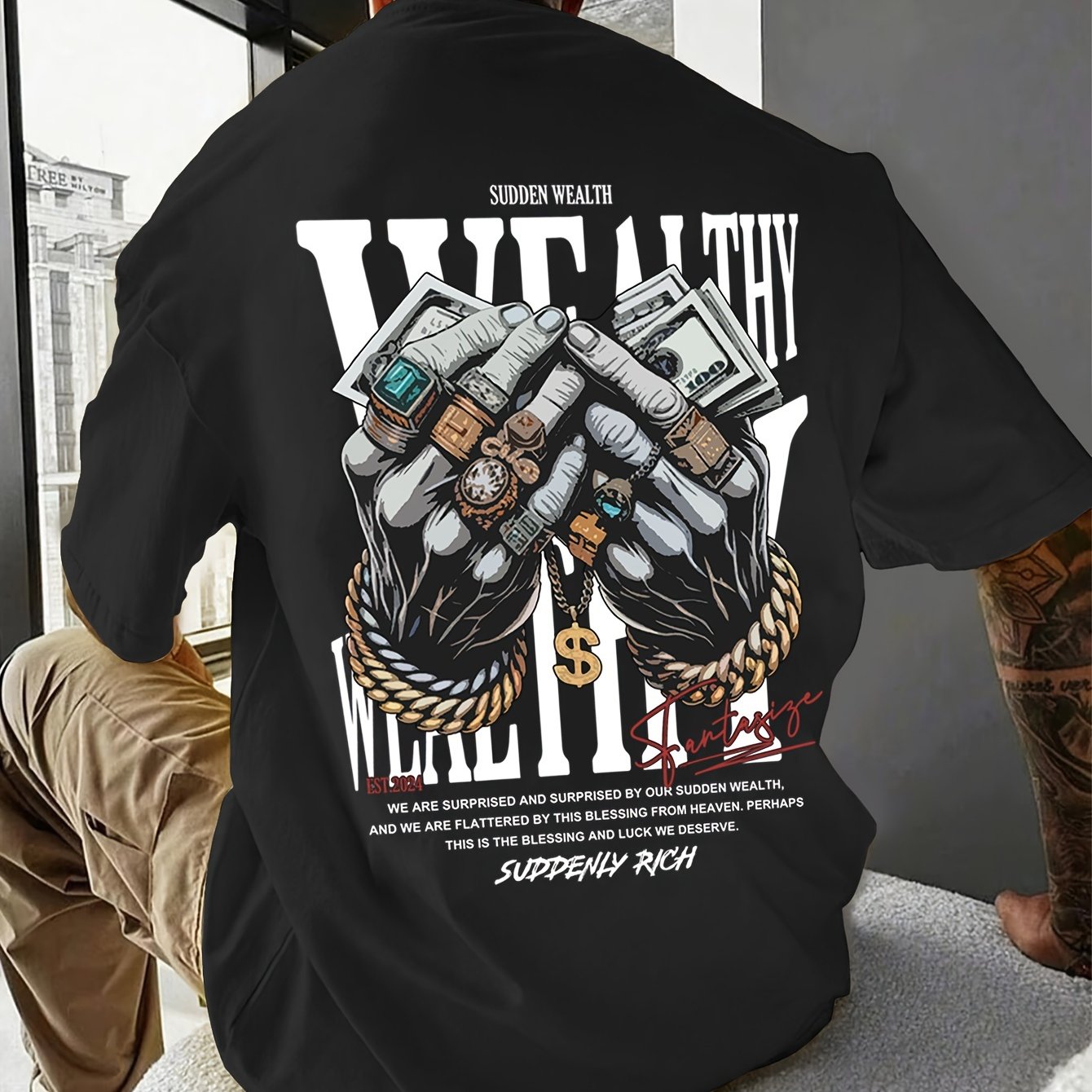 Men's Casual Graphic Tee with Unique Hand Jewelry Design - Soft Polyester Blend, Stretch Fit, Machine Washable - Perfect for Summer Outings