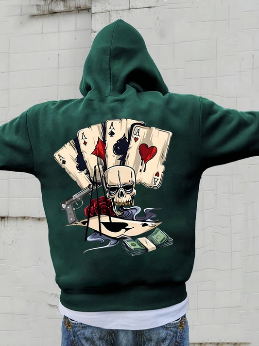1pc Vintage Skull Card Print Men'S Casual French Terry Hoodie, Loose Fit Long Sleeve Pullover with Pocket, Non-Stretch Knit Fabric Streetwear for Autumn and Winter