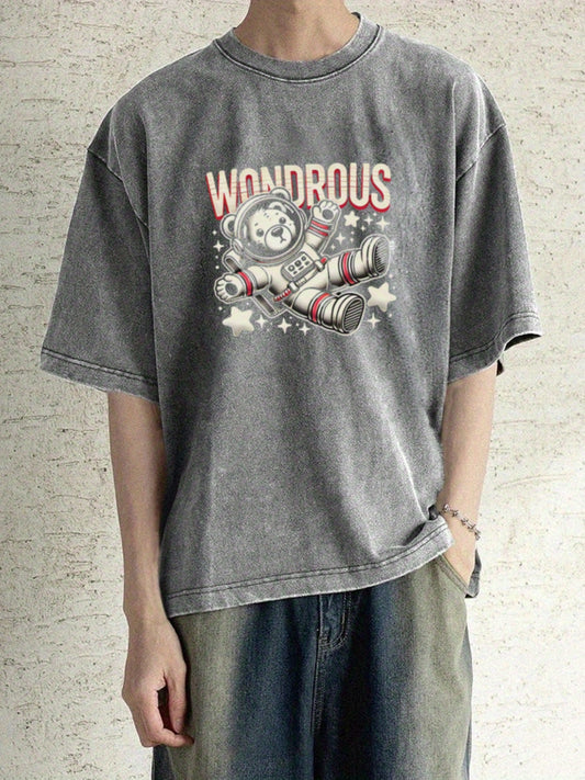 Everyday Comfort| Retro-Inspired Men's Fashion T-Shirt - "WONDERROUS" Graphic, Oversized Loose Fit, Cotton Blend, Round Neck, Short Sleeve, Machine Washable - Grey with Colorful Accents