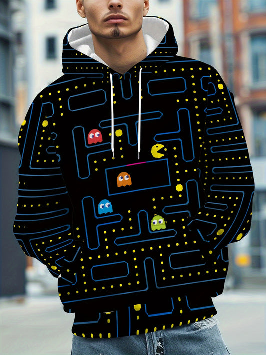Men's Cozy 3D Pixel Art Print Hoodie - Black Long Sleeve Pullover with Colorful Geometric Pattern, Casual Polyester Blend Sweatshirt with Drawstring Hood, Sweater Hoodie