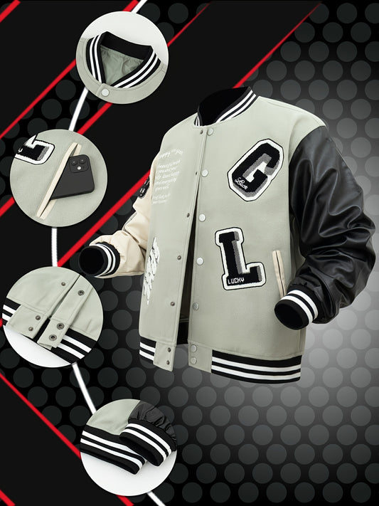 FireBrick Men's Vintage-Inspired Faux Leather Jacket with Letter Embroidery - Casual Loose Fit Baseball Bomber for Fall & Winter, FireBrick