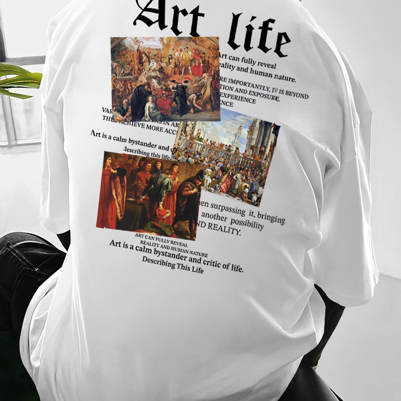 Men's Art Life Printed T-Shirt, Casual Loose Fit Round Neck Short Sleeve Tee, Polyester Blend, Vintage Oil Painting & Lettering Design, Summer Fashion Top for Men