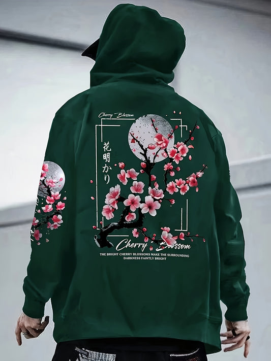 Men's Cherry Blossom Print Fleece-Lined Hoodie - Casual & Sporty Loose Fit Green Sweatshirt with Pockets, Polyester, Non-Stretch Fabric for Fall/Winter