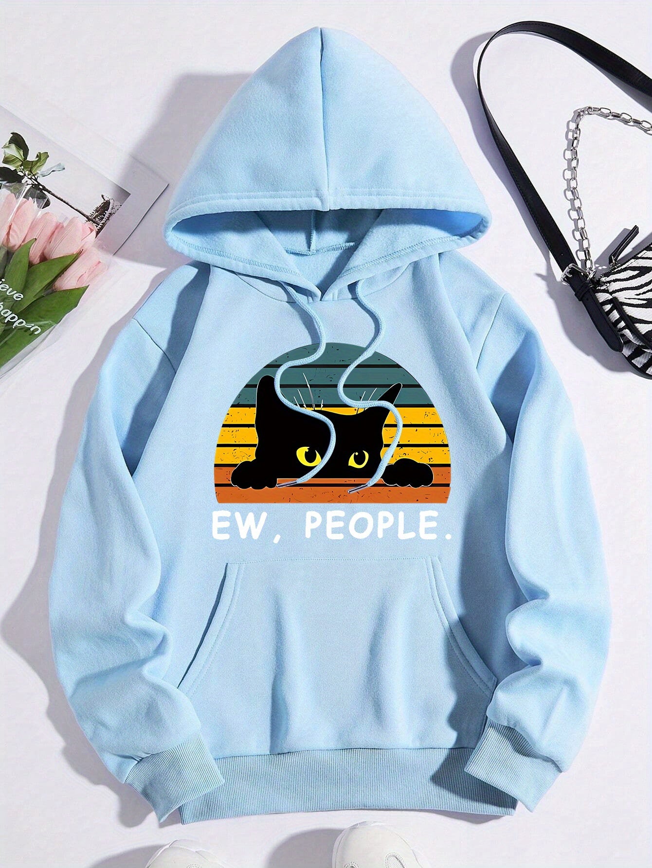 Cat Print Kangaroo Pocket Hoodie, Casual Long Sleeve Drawstring Hoodies Sweatshirt, Women's Clothing