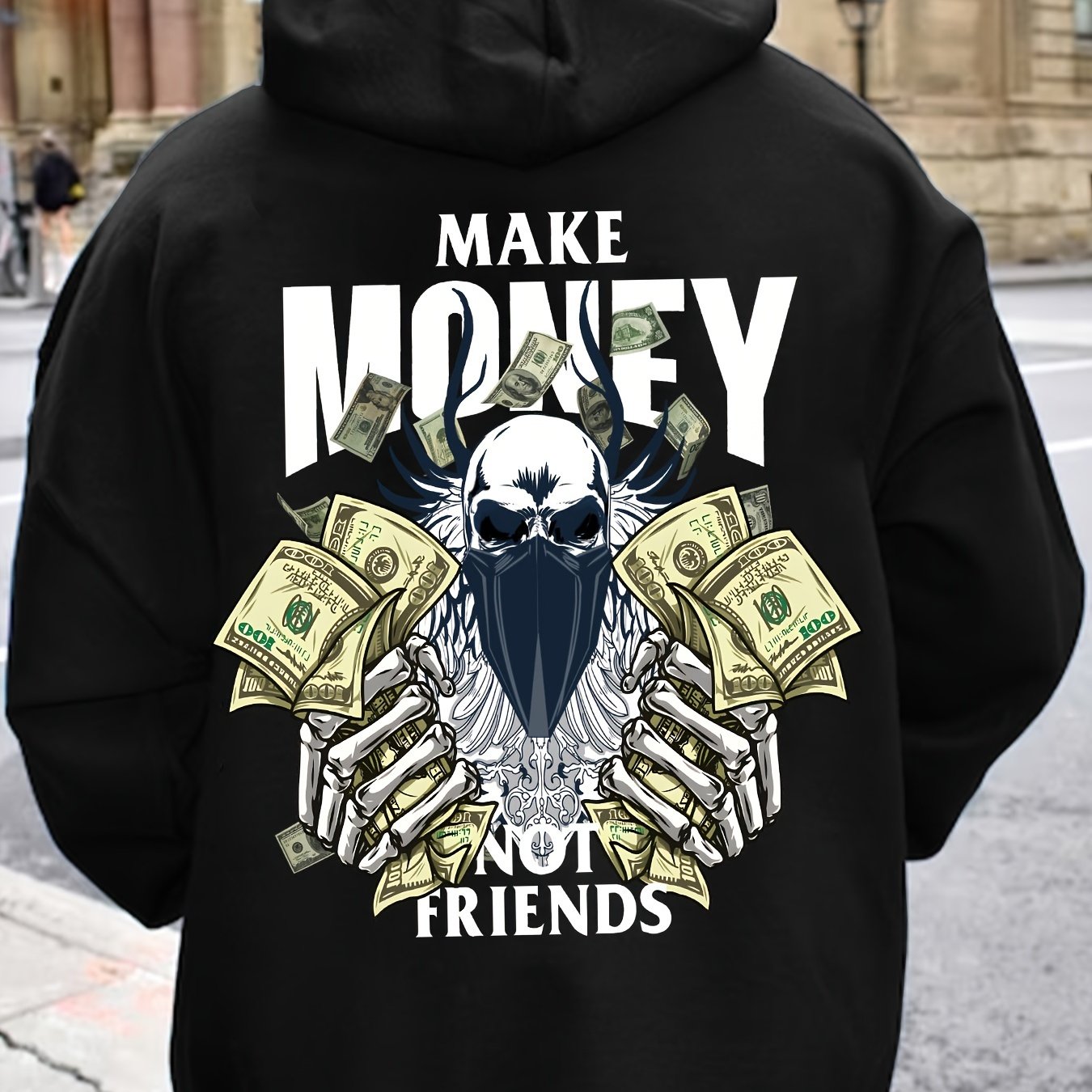 MAKE MONEY NOT FRIENDS Print Kangaroo Pocket Hoodie, Casual Long Sleeve Hoodies Pullover Sweatshirt, Men's Clothing, For Fall Winter