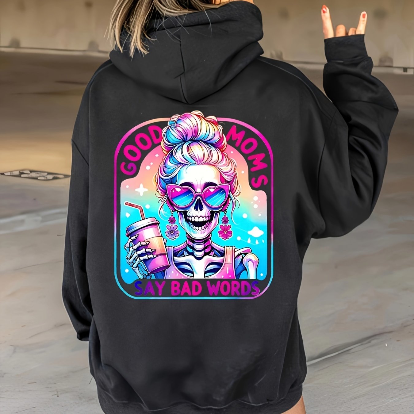 Plus Size Good Moms Say Bad Words Print Hoodie, Casual Kangaroo Pocket Drawstring Long Sleeve Hooded Sweatshirt, Women's Plus Size Clothing