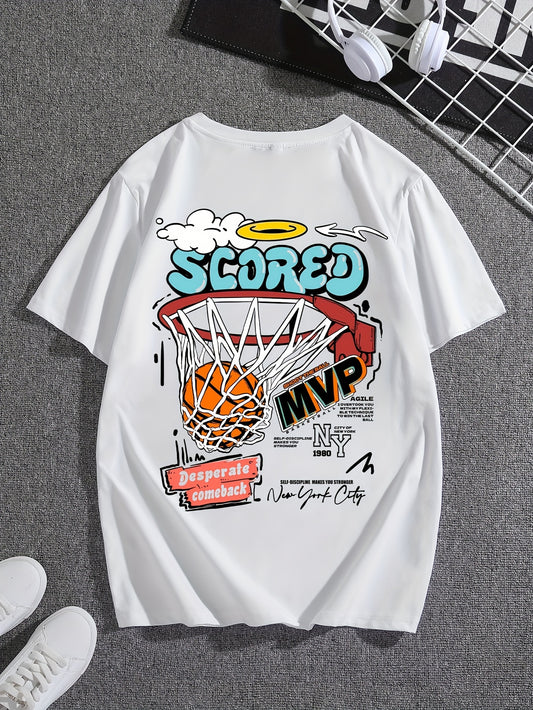 Men's Casual Graphic T-Shirt With Basketball Alphabet Print, Round Neck, Polyester Blend, Breathable And Soft