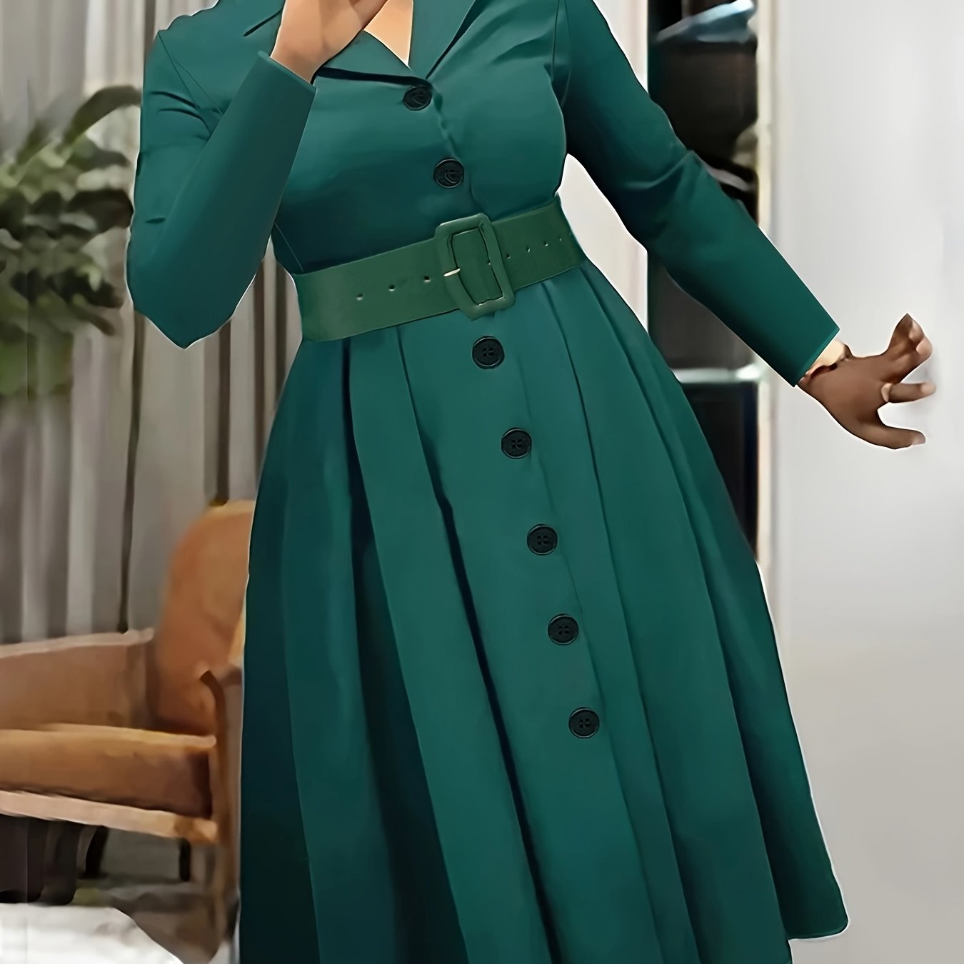 Elegant Solid Color Long Sleeve Dress with Belt for Women, Polyester Spandex Blend, Machine Washable - Spring/Summer/Fall, European And American Style, Fashion