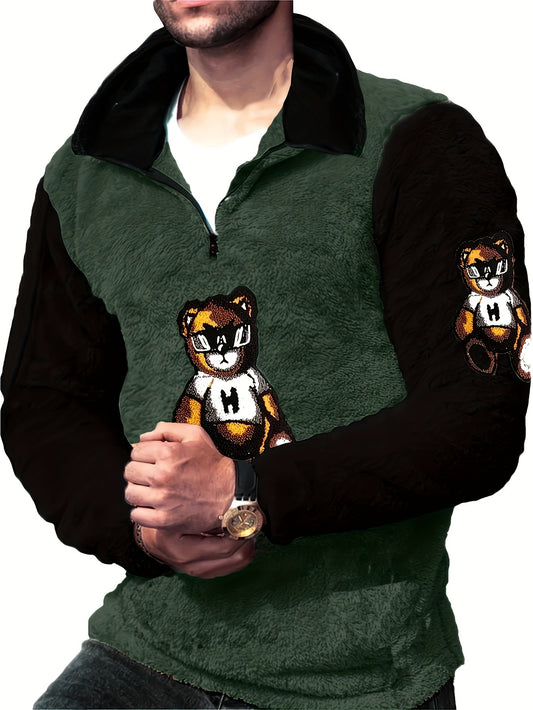 Men's Bear Pattern Color Blocking Stand Collar Plush Sweatshirt, Casual Loose Fit Long Sleeve Pullover As Gift