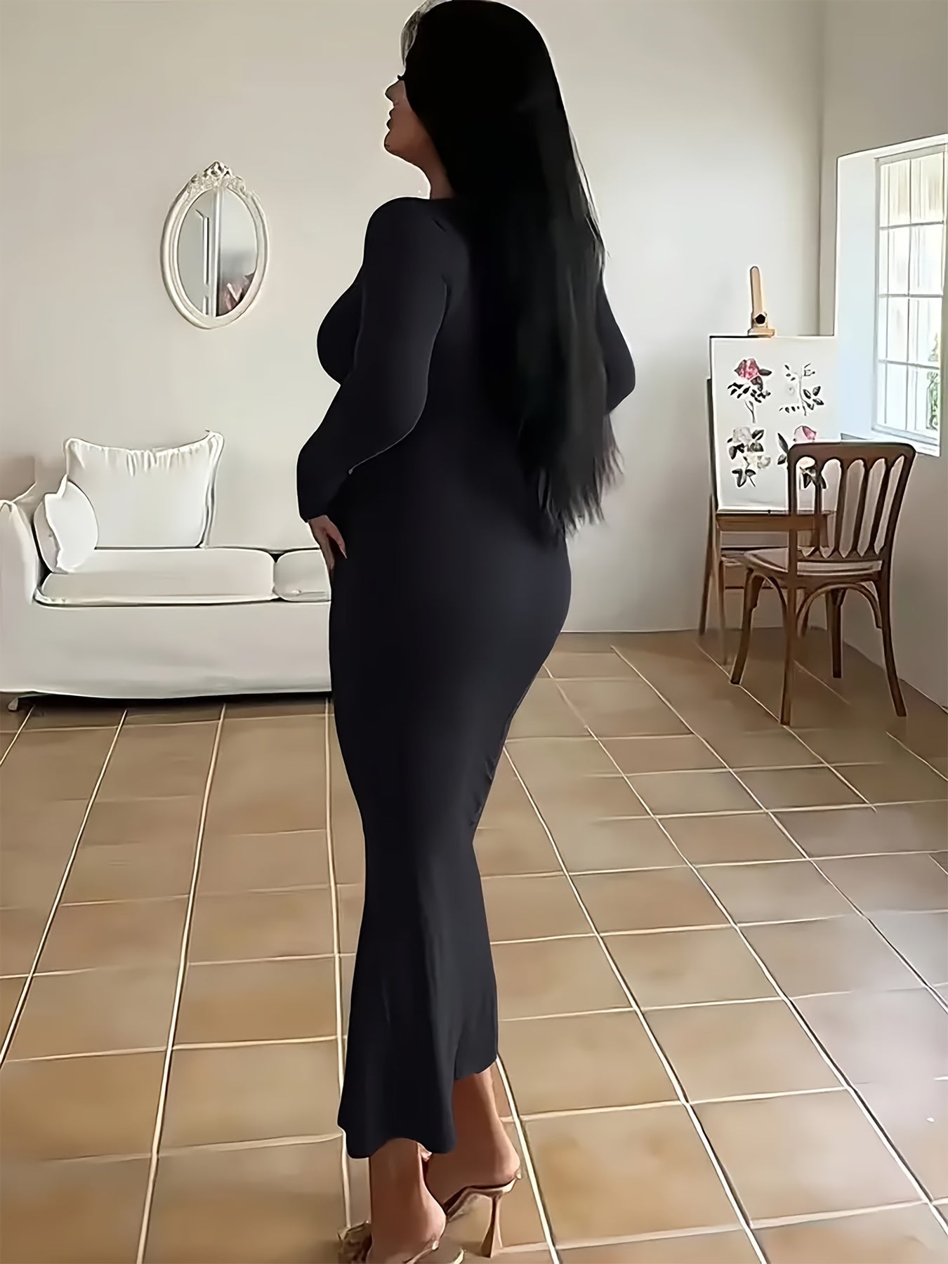 Solid Color Square Neck Dress, Sexy Long Sleeve Bodycon Ankle Length Dress For Spring & Fall, Women's Clothing