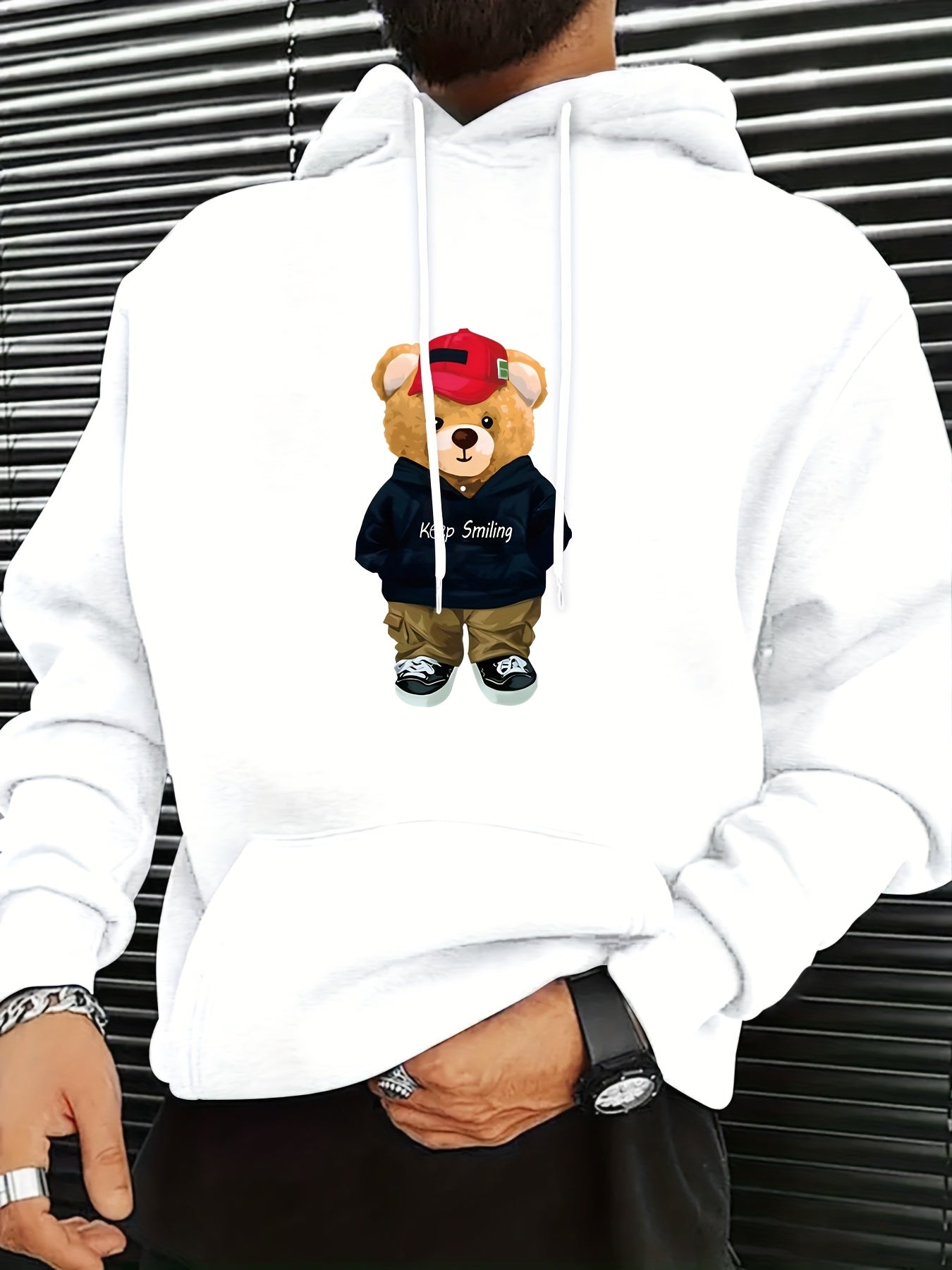MBDMBD Unisex Trendy Bear Graphic Hoodie, Casual Polyester Knit Fabric with Slight Stretch, Loose Fit, Hooded Pullover Sweatshirt for Fall/Winter