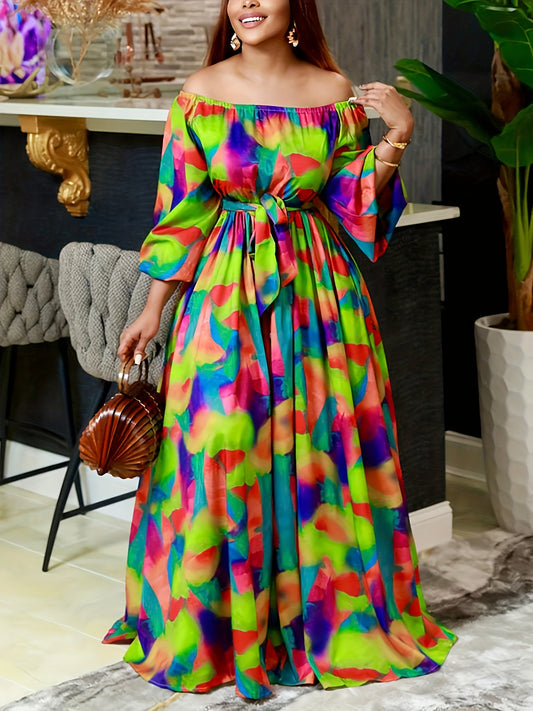 Women'S Off-Shoulder Maxi Dress, Geometric Print, Polyester & Spandex Blend, Casual Fashion, One-Shoulder, Long Flowy Skirt, All Seasons, Adult Size, Woven Fabric