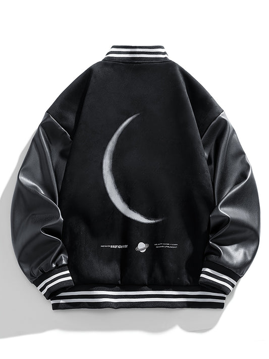 Men's Letters Pattern Suede Baseball Jacket, Casual Stylish Long Sleeve Coat Outdoor Clothes Fro Spring And Autumn