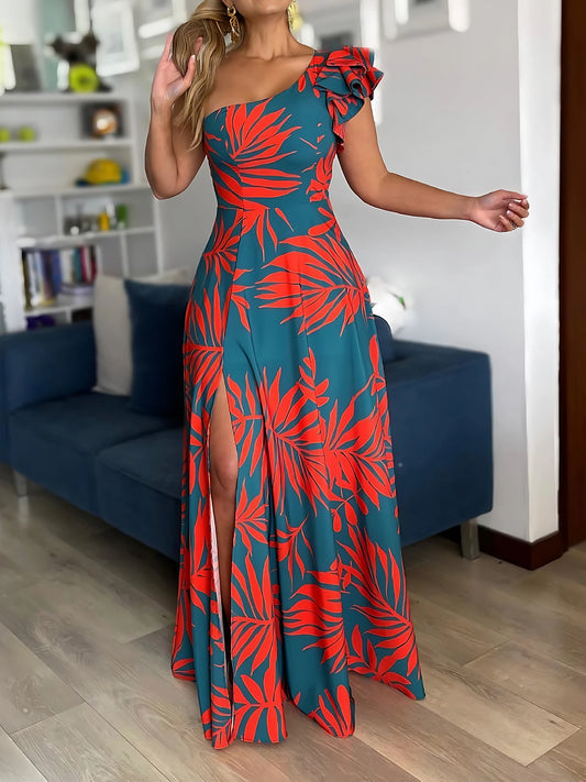 One Shoulder Tropical Print Maxi Dress for Women, Split Hem, Casual Style, Elegant,A Line Dress,Woven,Vestido,Spring/Summer/Fall