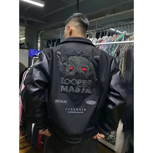 Y2K Retro Trend Leather Jacket Heavy Industry Embroidery Black Short Coats Ins Hot Sale New Men's Baseball Uniform Spring Autumn