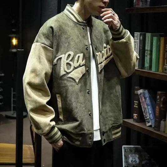 Autumn Winter Men Baseball Coat Suede Stand Collar Long Sleeve Baseball Jacket Embroidery Letter Print Single Breasted Men Coat