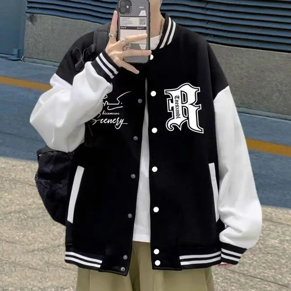 Letter Print Men Baseball Coat Fall Winter Stand Collar Loose High Street Style Elastic Striped Cuff Color Matching Men Jacket