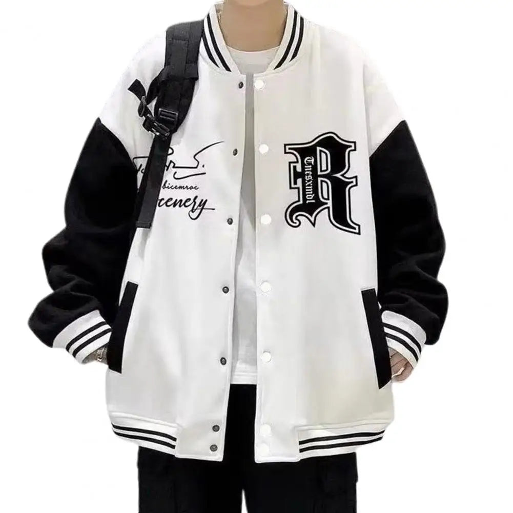 Letter Print Men Baseball Coat Fall Winter Stand Collar Loose High Street Style Elastic Striped Cuff Color Matching Men Jacket