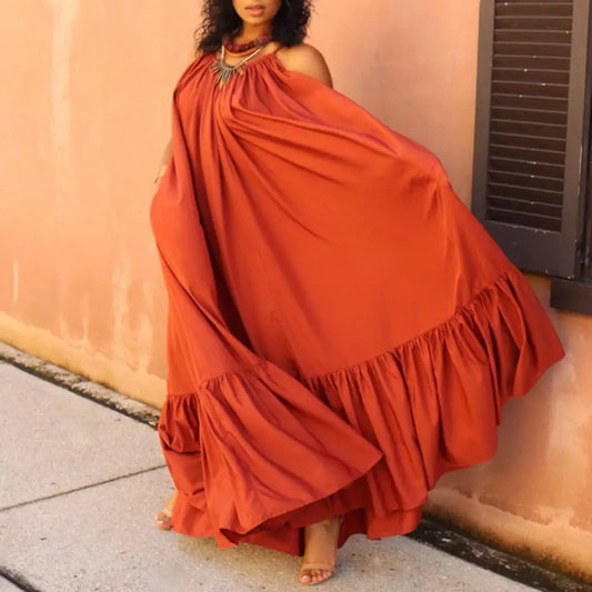 Solid Color Big Swing Strap Sling Dress Loose Backless Pocket Maxi Dress Casual Floor-length Maxi Dress	Women's Clothing
