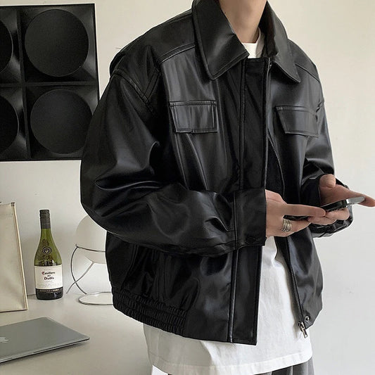 Men's Casual Texture PU Leather Jacket High Street Zippers Turn-down Collar Long Sleeve Retro Coat with Pocket Autumn 2024 New
