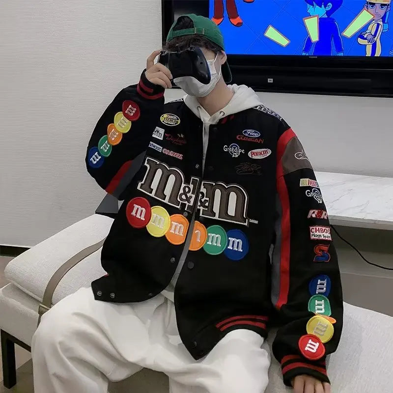 Embroidery M Letter Harajuku Baseball Jacket Coats Men Women Hip Hop Printed Couples Harajuku Patch Varsity Y2K Bomber Jackets