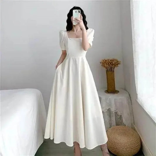 Slim Fit Women White Dress Bubble Sleeve Square Neck Light Wind Style Long Skirt Summer Casual Korean Style  dresses for women