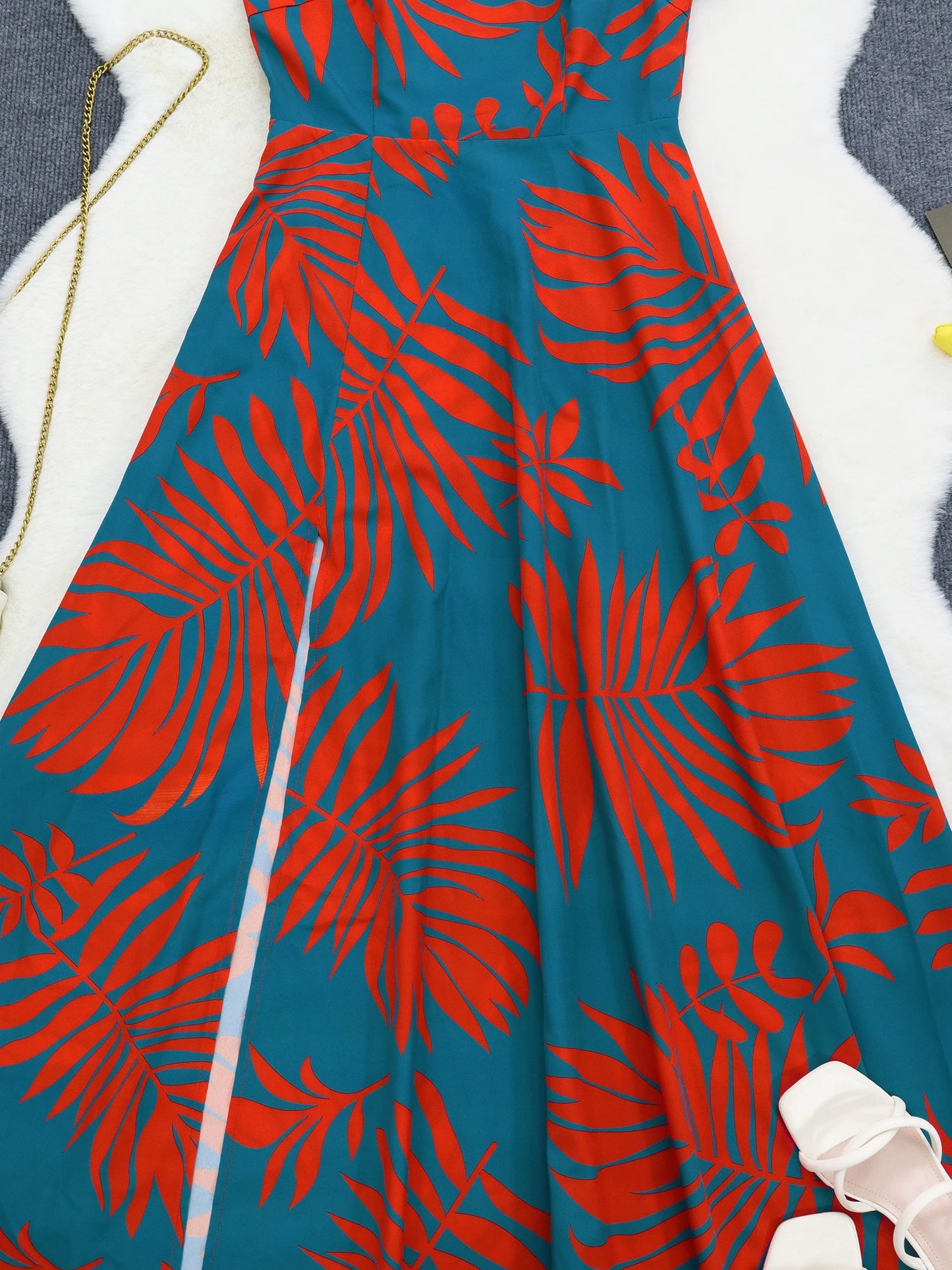 One Shoulder Tropical Print Maxi Dress for Women, Split Hem, Casual Style, Elegant,A Line Dress,Woven,Vestido,Spring/Summer/Fall