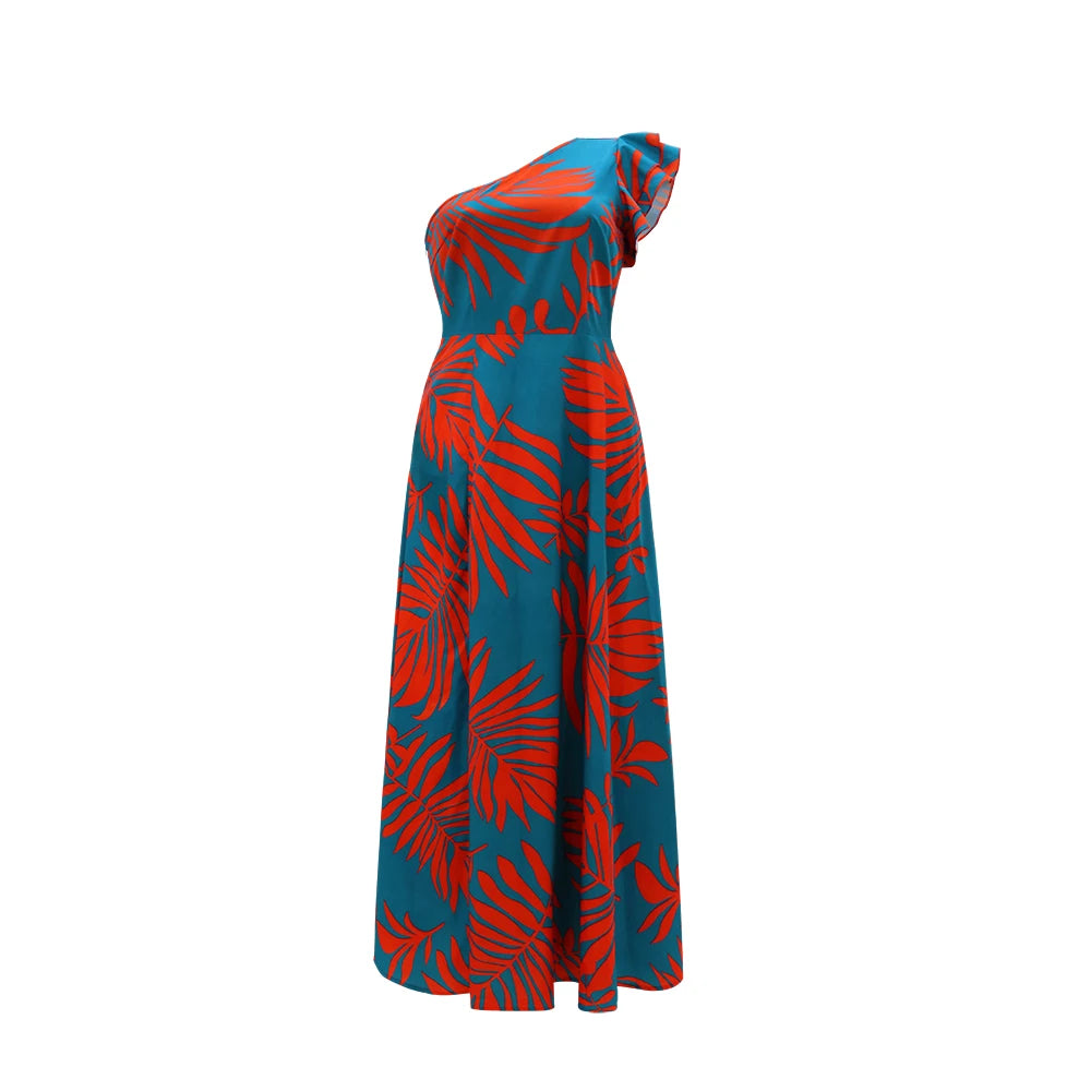 One Shoulder Tropical Print Maxi Dress for Women, Split Hem, Casual Style, Elegant,A Line Dress,Woven,Vestido,Spring/Summer/Fall