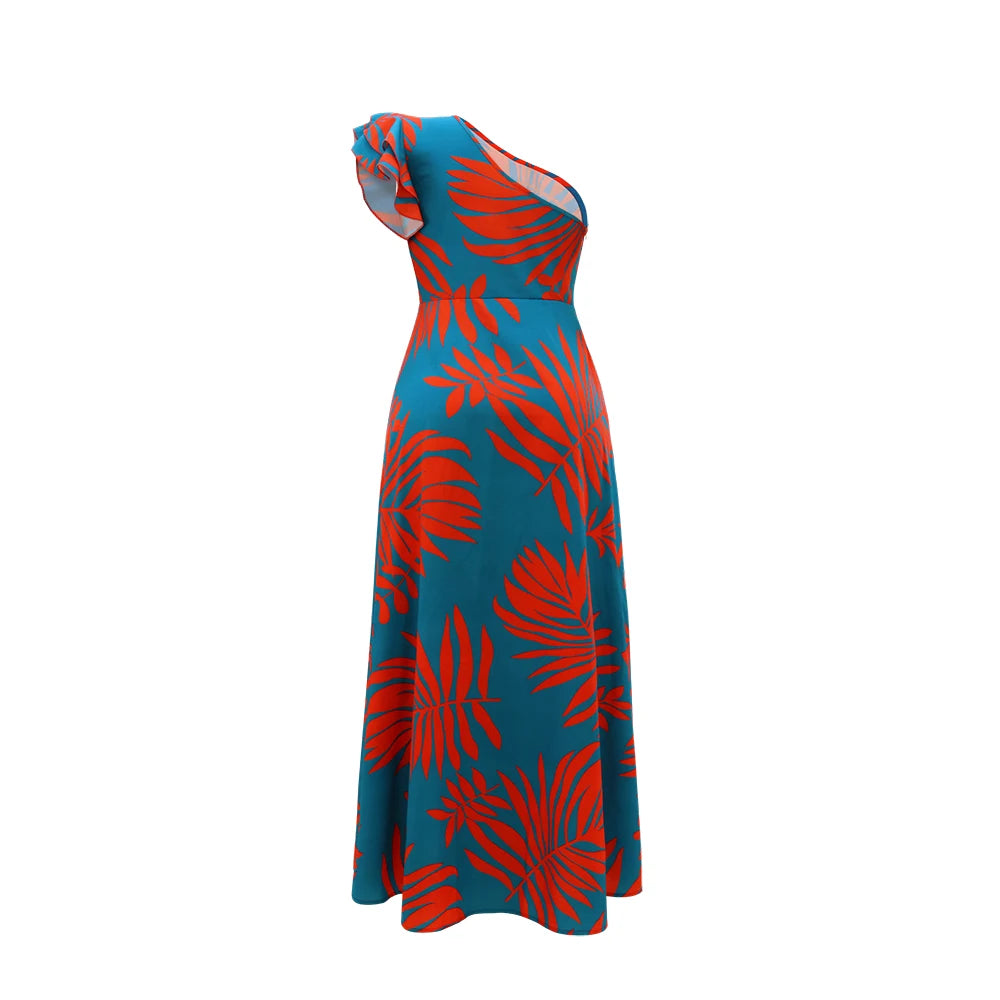 One Shoulder Tropical Print Maxi Dress for Women, Split Hem, Casual Style, Elegant,A Line Dress,Woven,Vestido,Spring/Summer/Fall