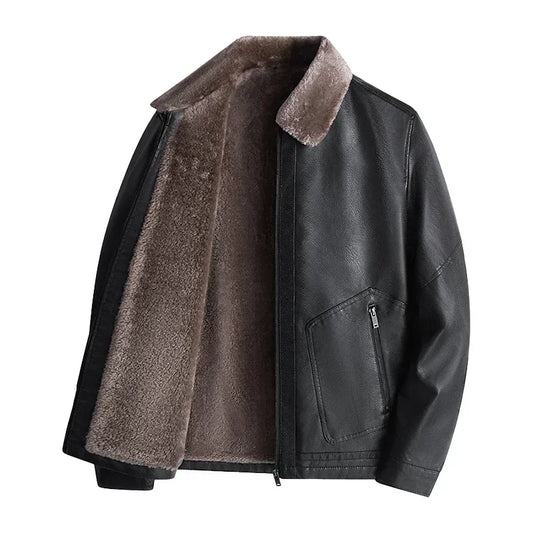 Business Casual Men Leather Jacket Thick Warm Fleece Biker Coat