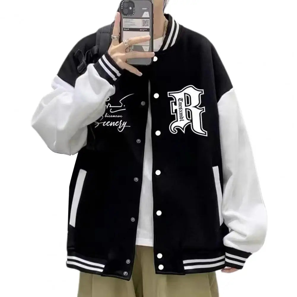 Letter Print Men Baseball Coat Fall Winter Stand Collar Loose High Street Style Elastic Striped Cuff Color Matching Men Jacket