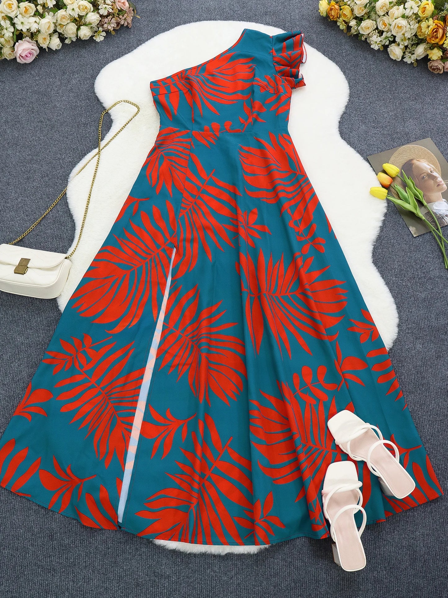One Shoulder Tropical Print Maxi Dress for Women, Split Hem, Casual Style, Elegant,A Line Dress,Woven,Vestido,Spring/Summer/Fall