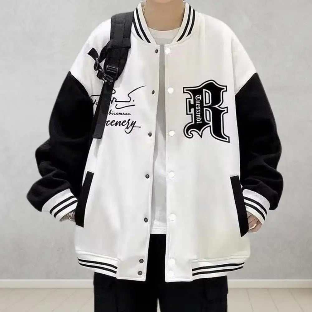 Letter Print Men Baseball Coat Fall Winter Stand Collar Loose High Street Style Elastic Striped Cuff Color Matching Men Jacket