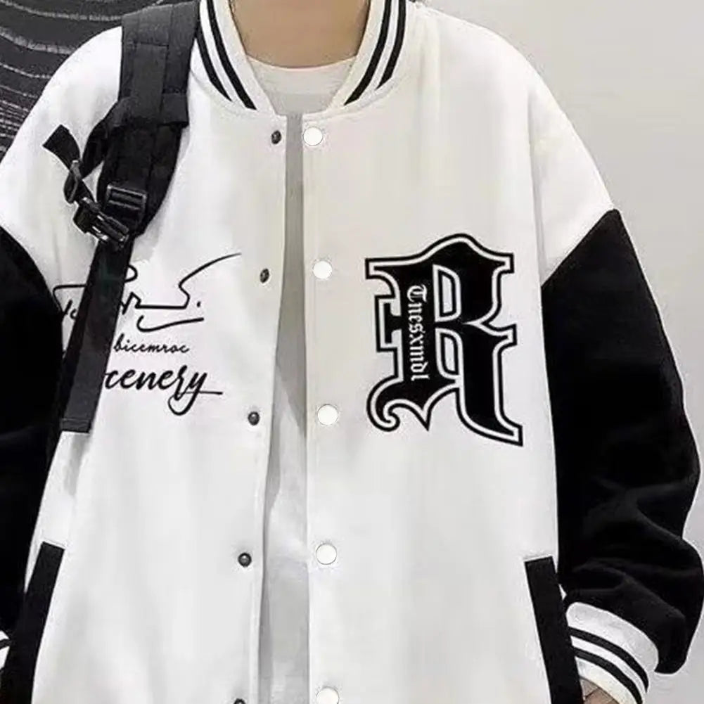 Letter Print Men Baseball Coat Fall Winter Stand Collar Loose High Street Style Elastic Striped Cuff Color Matching Men Jacket